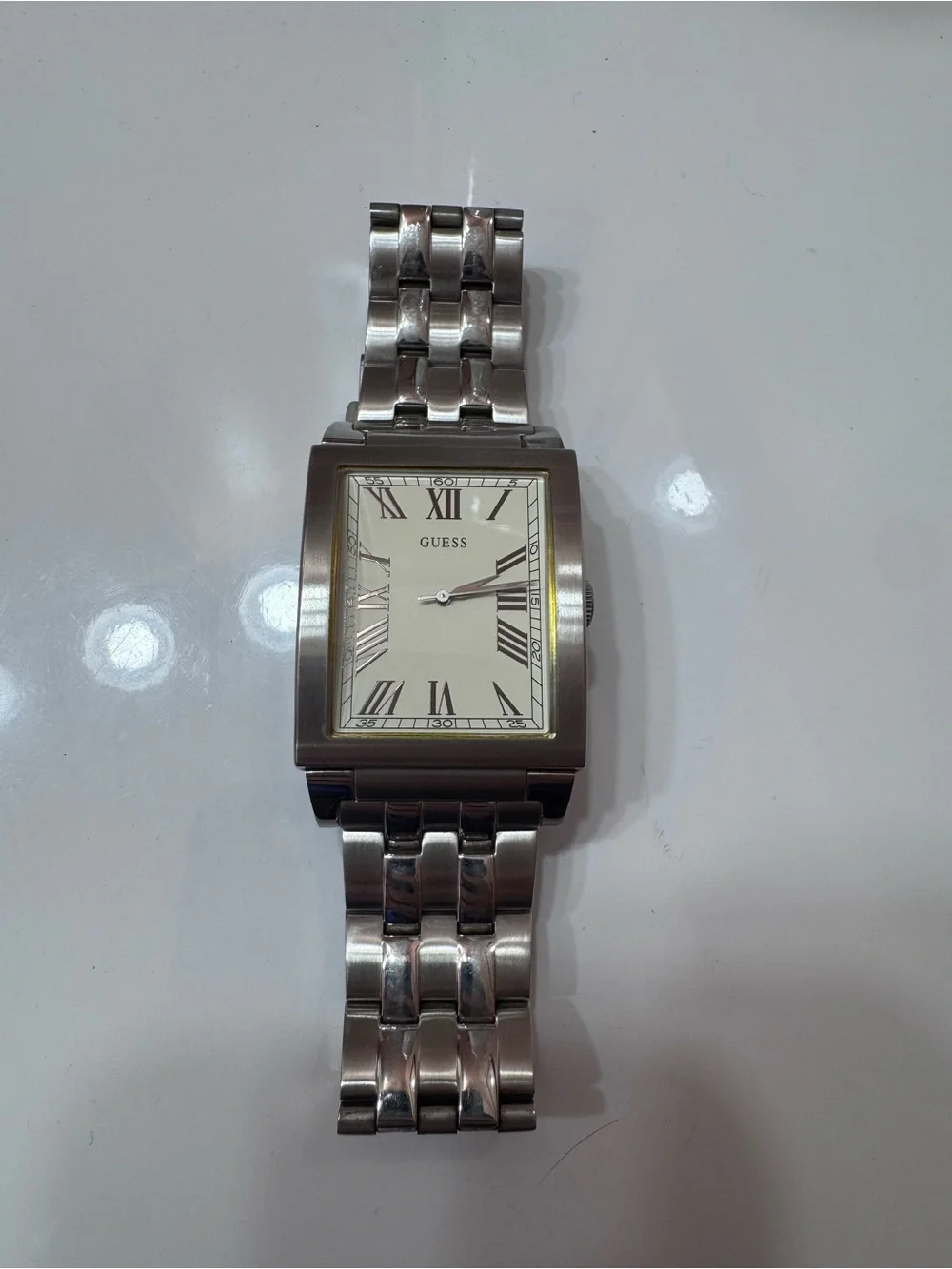GUESS Men’s Silver Rectangular Stainless Steel Roman Numeral Watch W85062G2